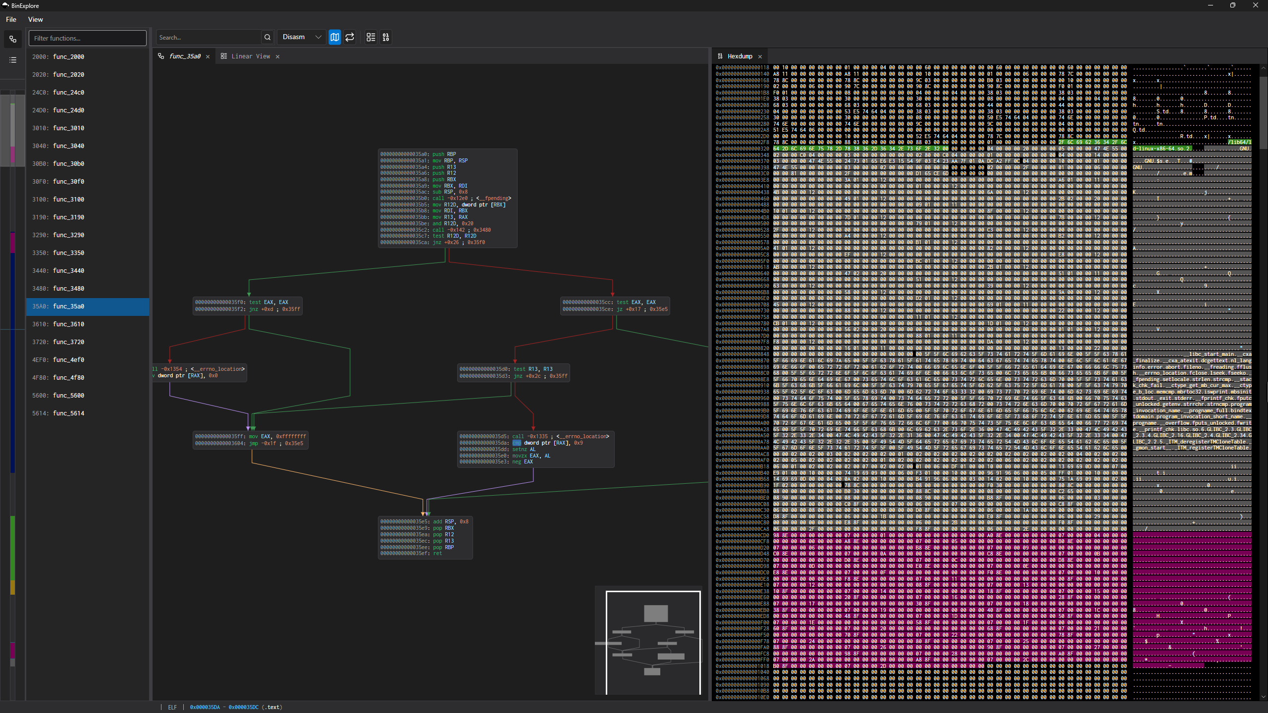 BinExplore GUI showing recovered functions, a control-flow graph, and a hex view.